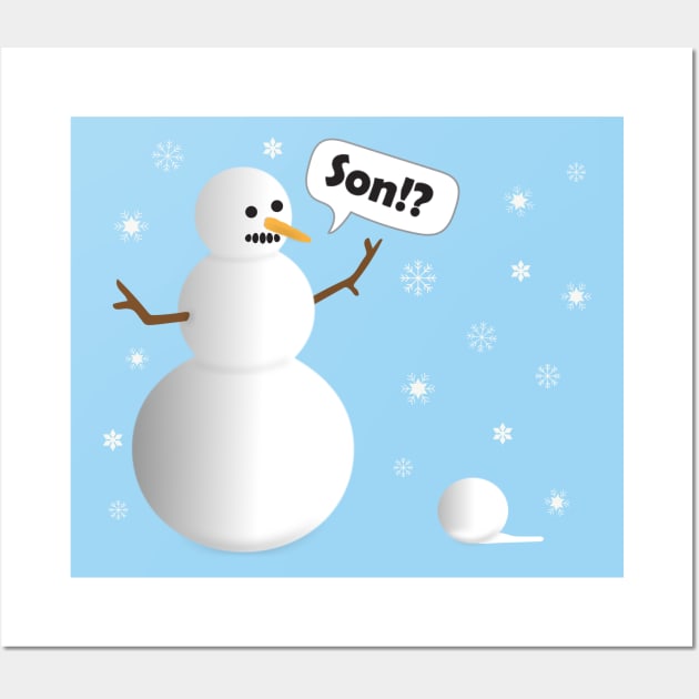 Funny Cartoon Father Snowman Mistakes a Snowball for His Son Wall Art by Pixel Impressions Co